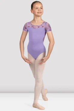 Bloch Trikots^Mädchen Remi Turnanzug mit Blumenmuster und Flügelärmeln lilac