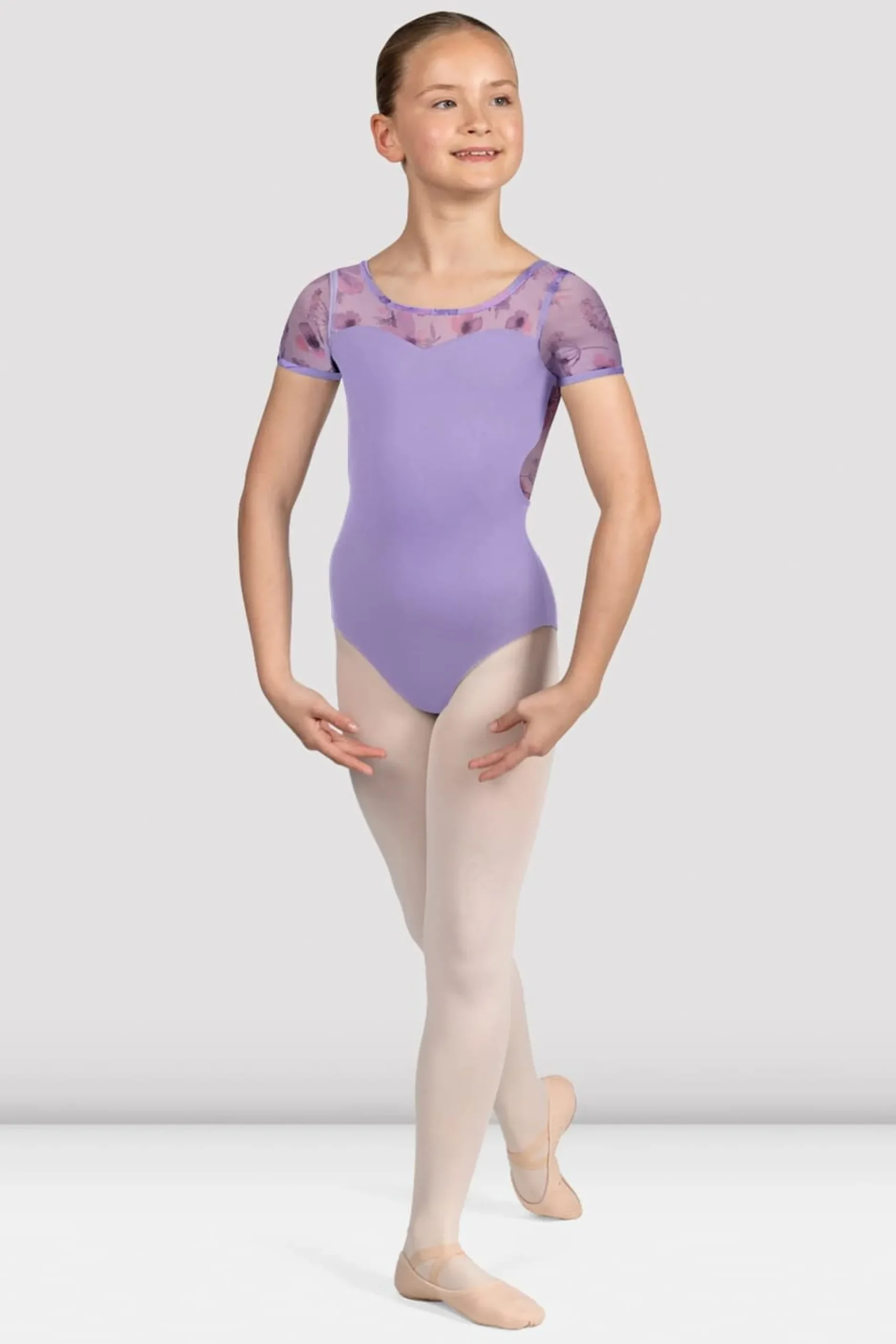 Bloch Trikots^Mädchen Remi Turnanzug mit Blumenmuster und Flügelärmeln lilac